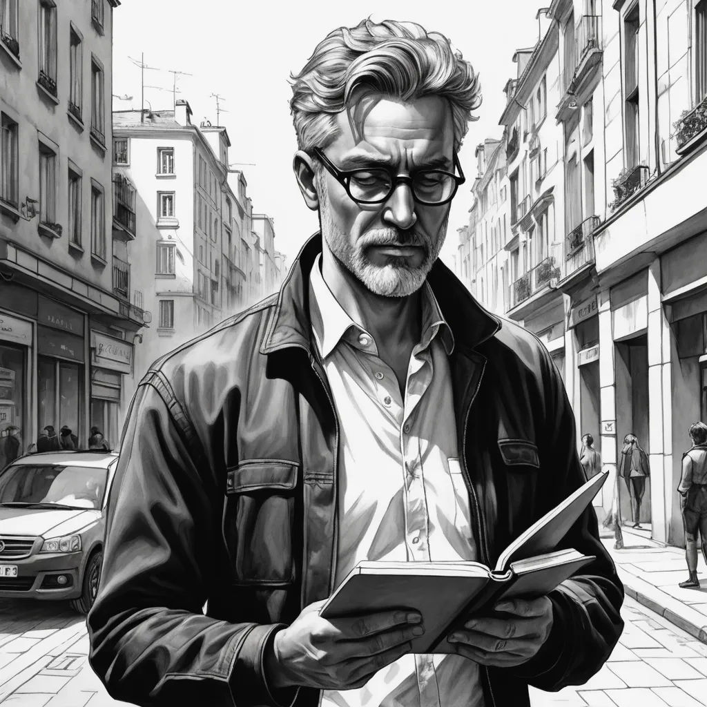 a man in glasses is reading a book on the street with a car parked on the side of the road, modern european ink painting, a character portrait, Cedric Peyravernay, graphic novel