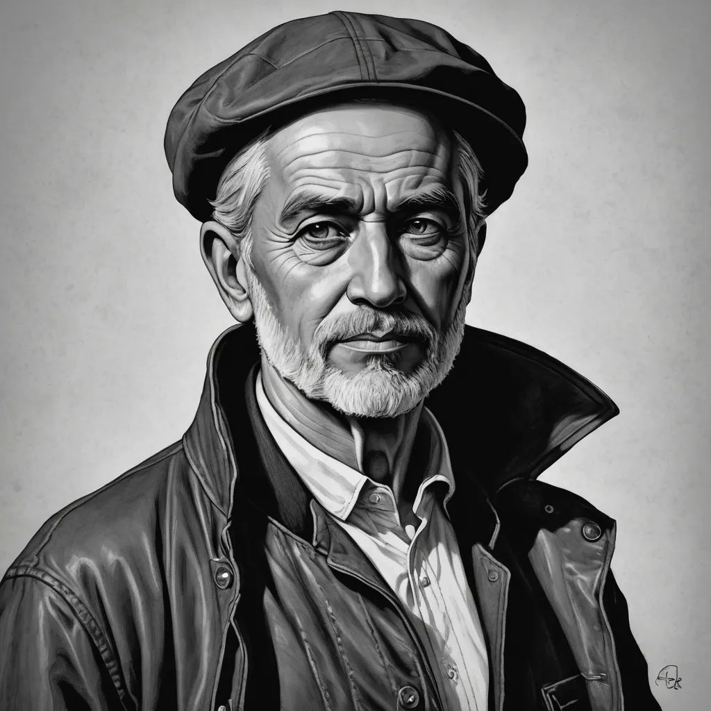 a drawing of a man wearing a hat and jacket with a beard and a leather jacket on his shoulders, figurative art, an ultrafine detailed painting, Breyten Breytenbach, photorealistic portrait