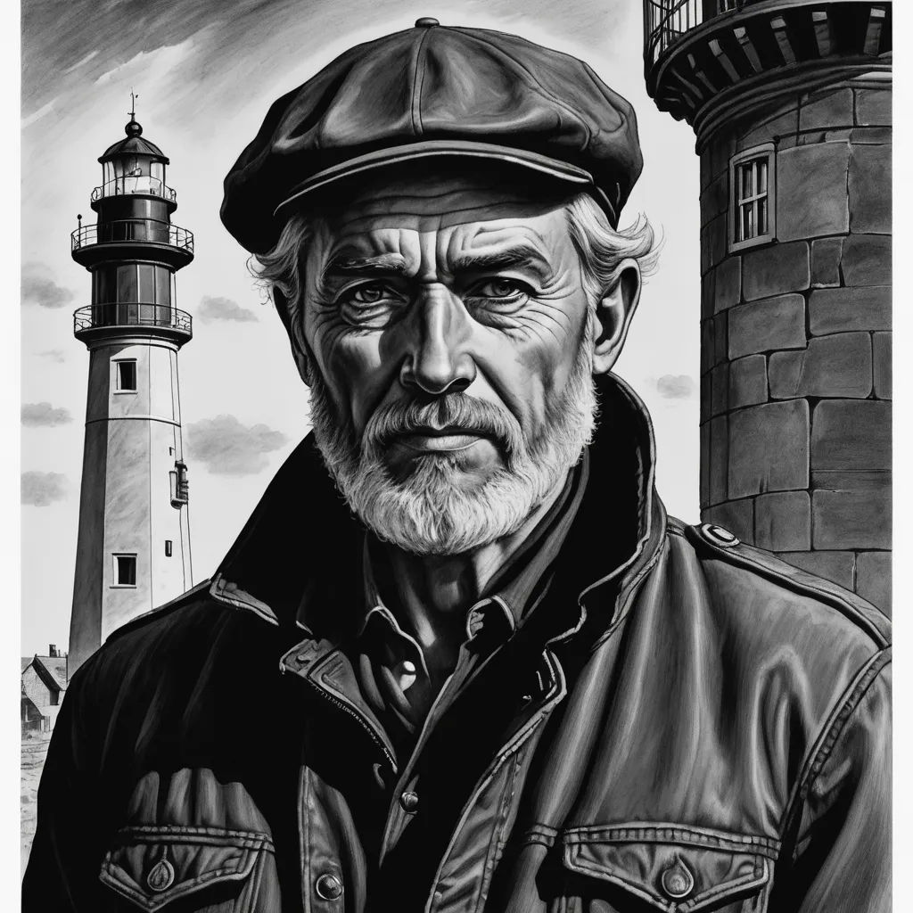 a drawing of a man in a hat next to a lighthouse with a lighthouse on top of it and a lighthouse on the other side, figurative art, an ultrafine detailed painting, Cliff Childs, professional digital painting
