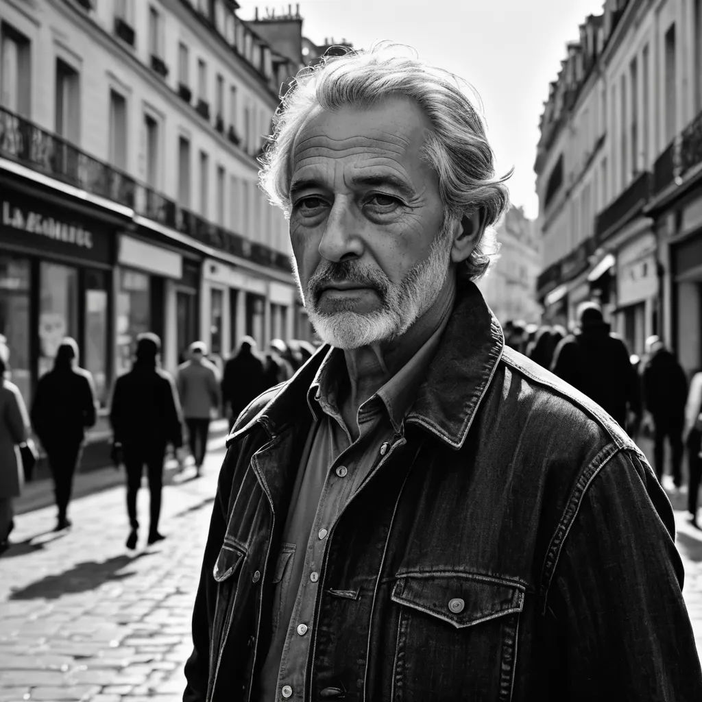 a man with a beard and a denim jacket on a street corner in a city with people walking around, hyperrealism, a black and white photo, Breyten Breytenbach, portrait photography