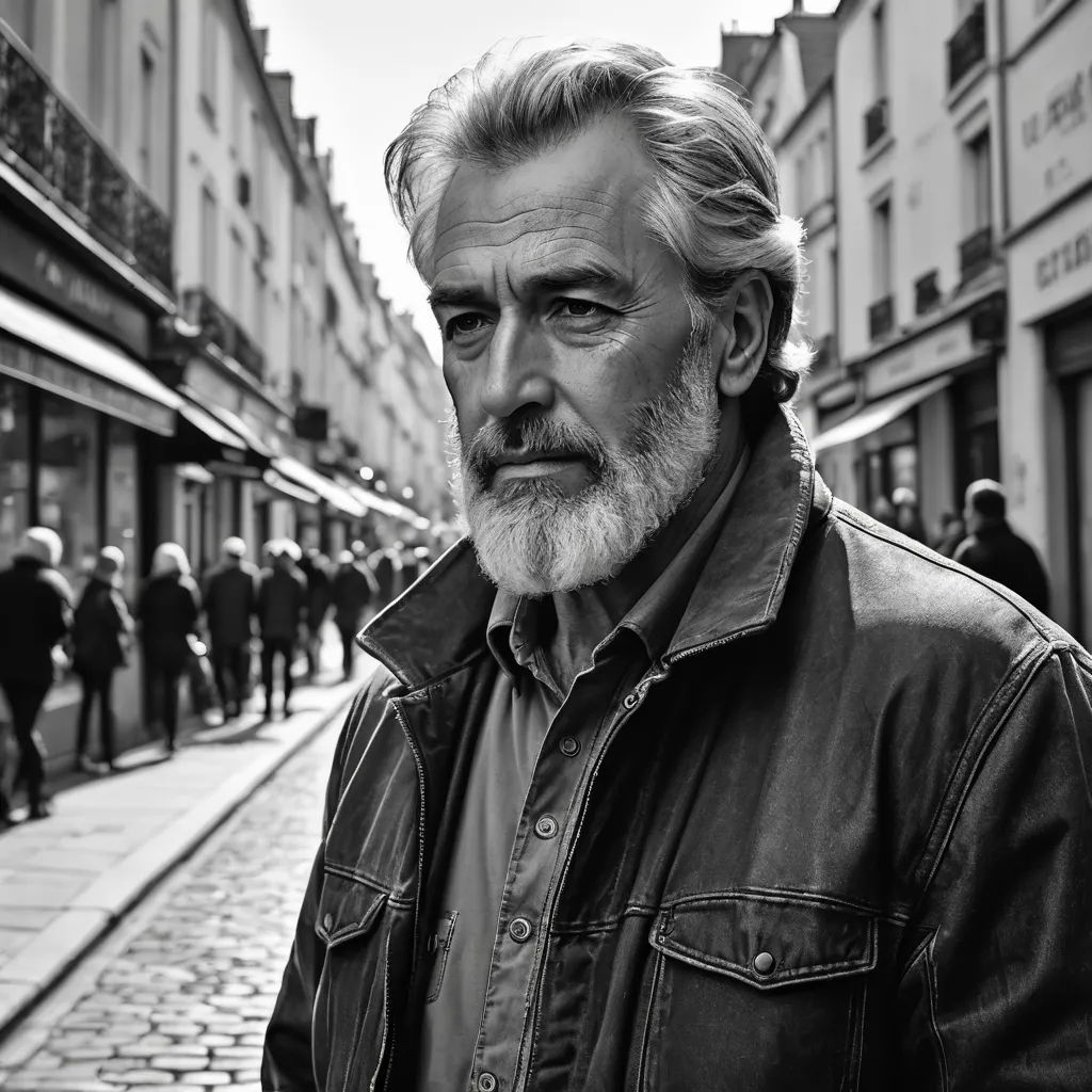 a man with a beard and a leather jacket on a street corner in a city with people walking by, art photography, a character portrait, Breyten Breytenbach, portrait photography