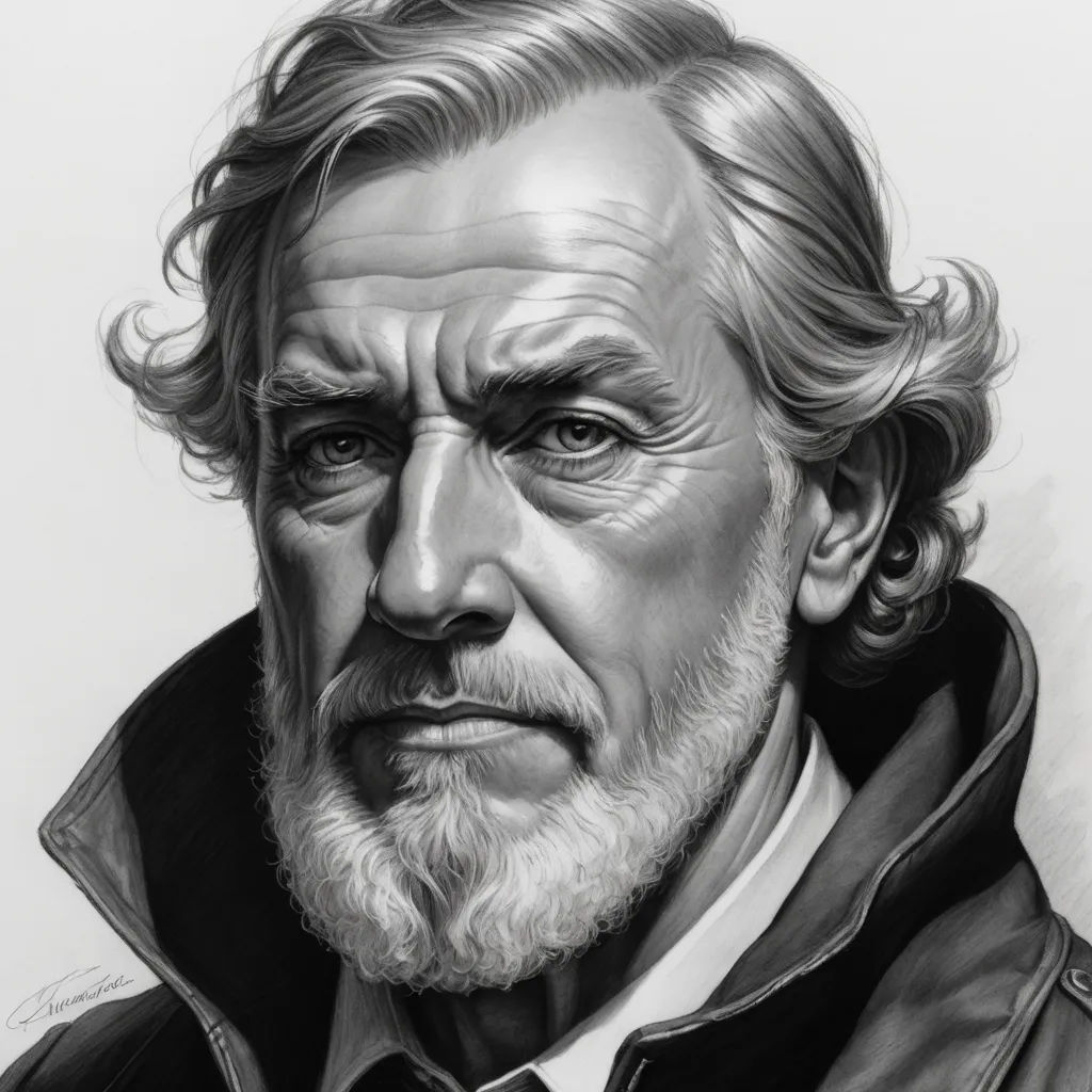 a drawing of a man with a beard and a leather jacket on, looking to his left with a serious look on his face, figurative art, an ultrafine detailed painting, David Palumbo, detailed portrait