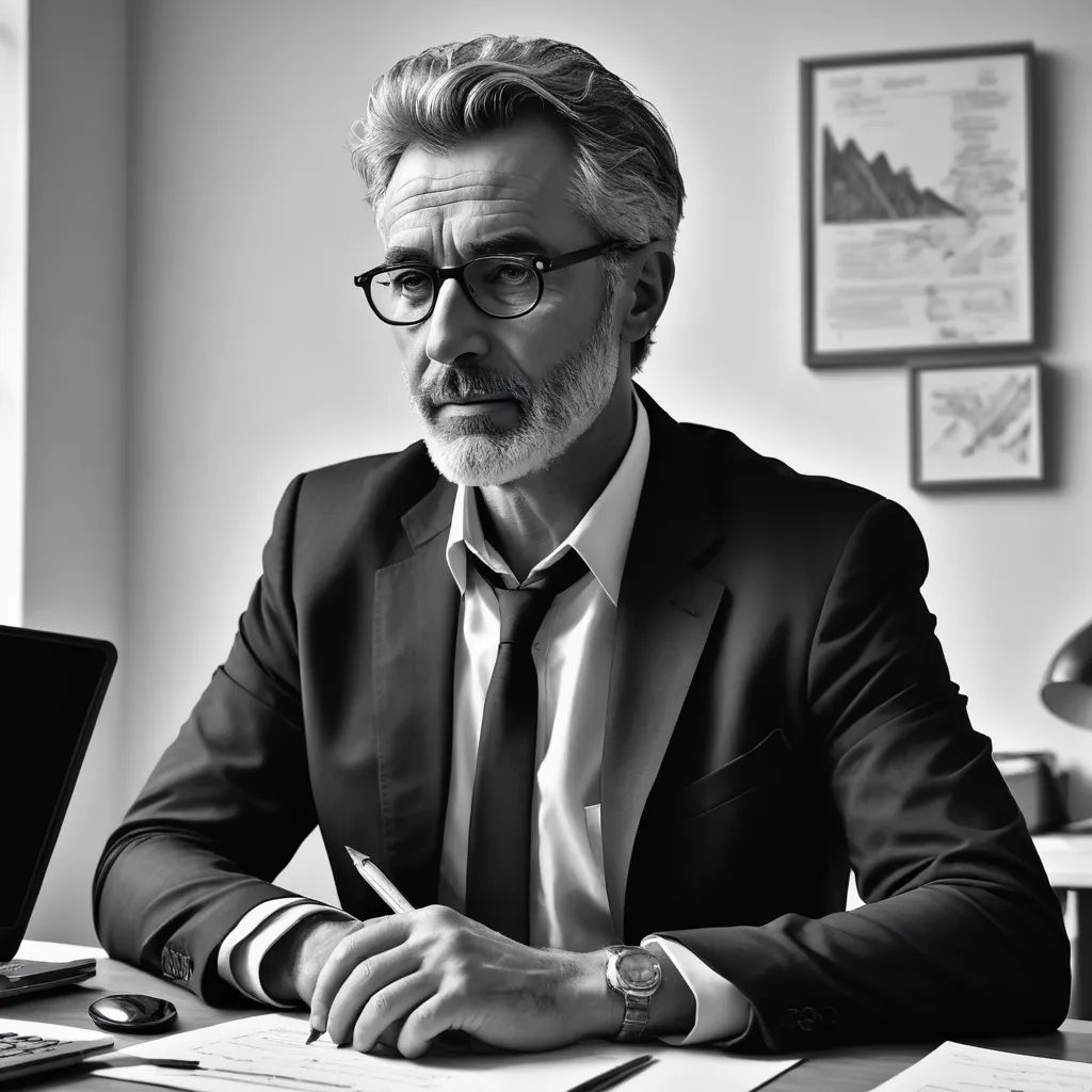 a man in a suit and tie sitting at a desk with a laptop and papers in front of him, academic art, a stock photo, Breyten Breytenbach, professional