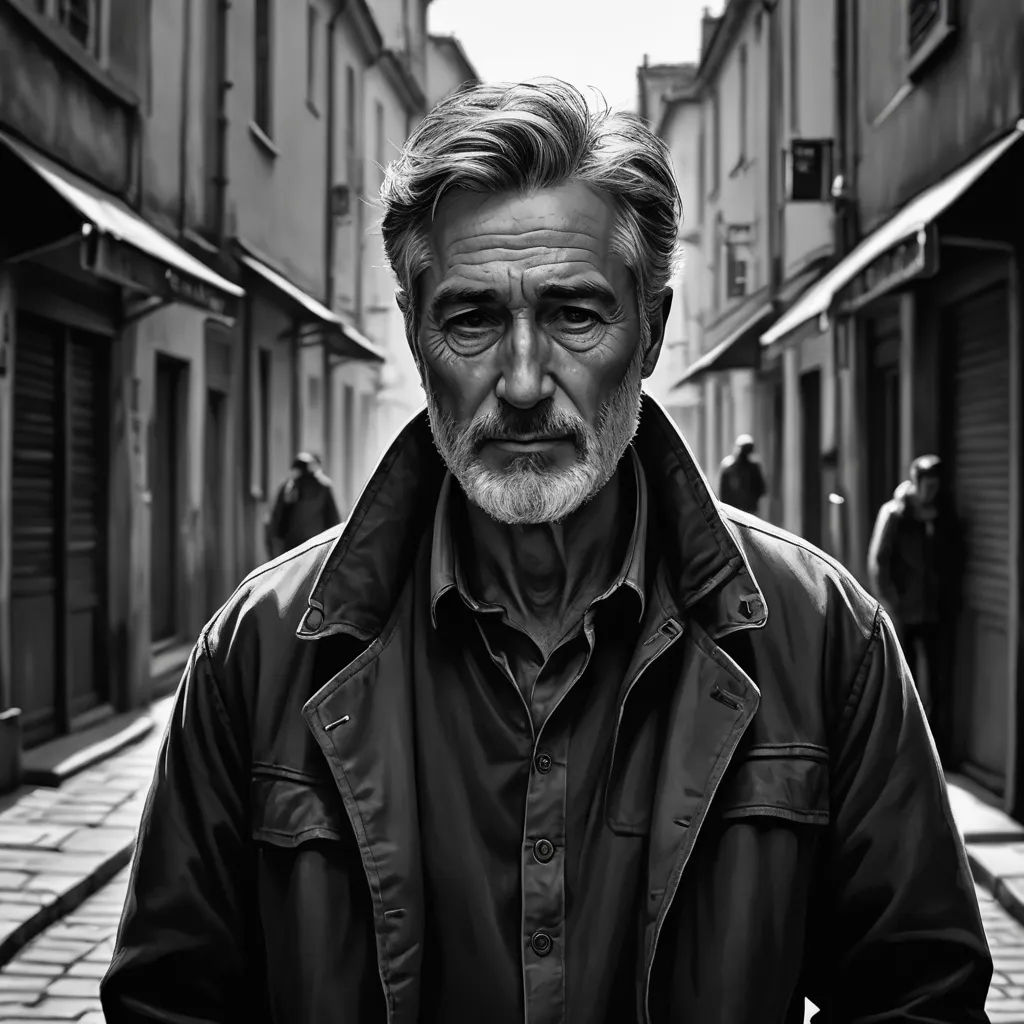 a man standing in a narrow alley way with a black and white photo of him in the background and a black and white photo of him in the foreground, photorealism, an ultrafine detailed painting, David Annand, highly detailed digital painting