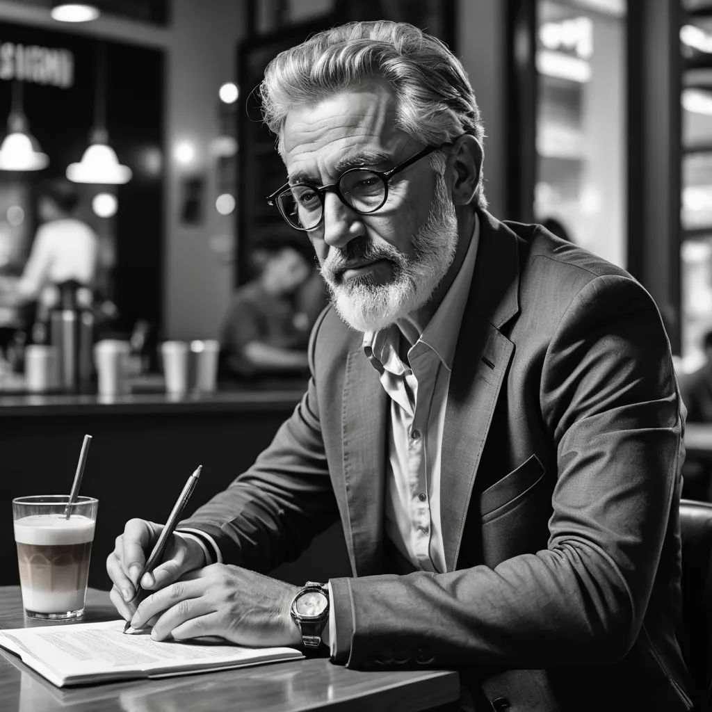 a man sitting at a table writing on a piece of paper with a pen in his hand and a drink in the other hand, arts and crafts movement, a stock photo, Breyten Breytenbach, portrait photography