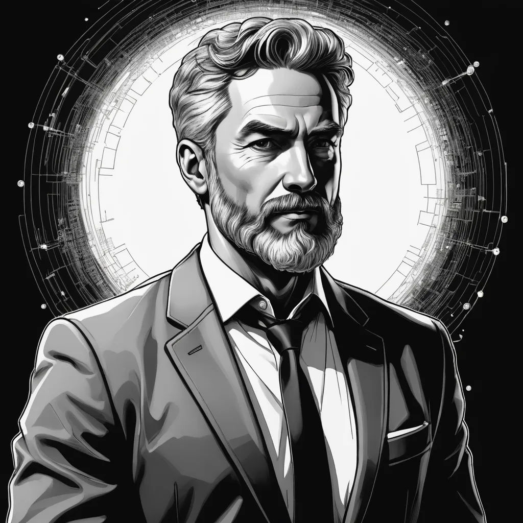 a man in a suit and tie with a background of circles and stars in the background, and a circle of stars in the middle, computer art, a character portrait, Alejandro Burdisio, character portrait