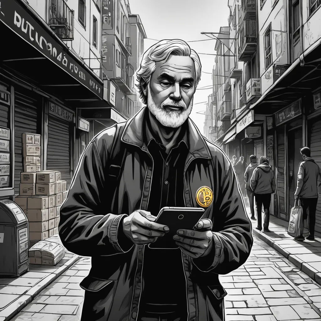 a man holding a tablet in a city street with people walking by on the sidewalk and a building with a gold coin, serial art, digital art, David Park, highly detailed digital art