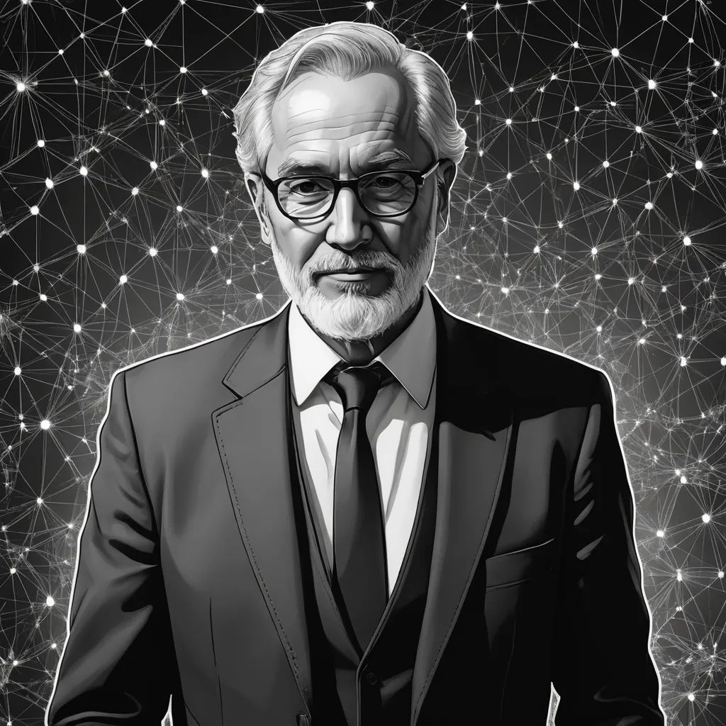 a man in a suit and tie standing in front of a background of stars and lines with a black and white image, neo-figurative, a character portrait, Anton Möller, professional digital painting