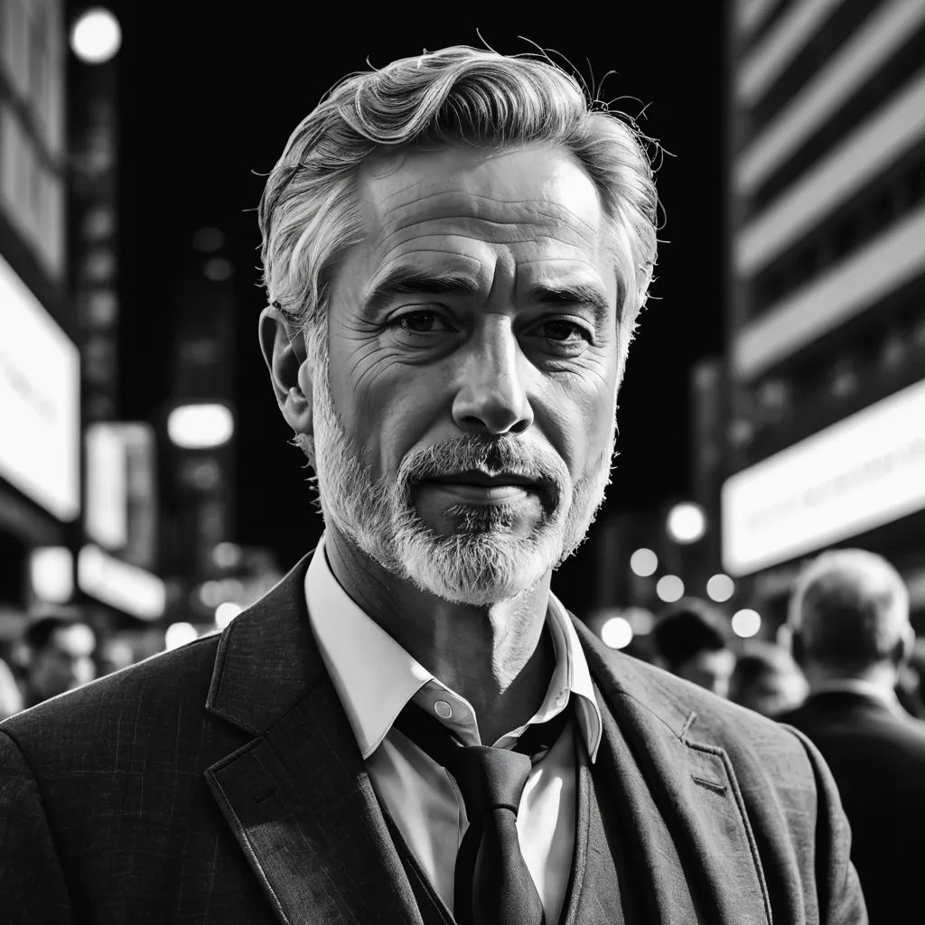 a man in a suit and tie standing in a city at night with a crowd of people behind him, new objectivity, a character portrait, Daniel Lieske, portrait photography