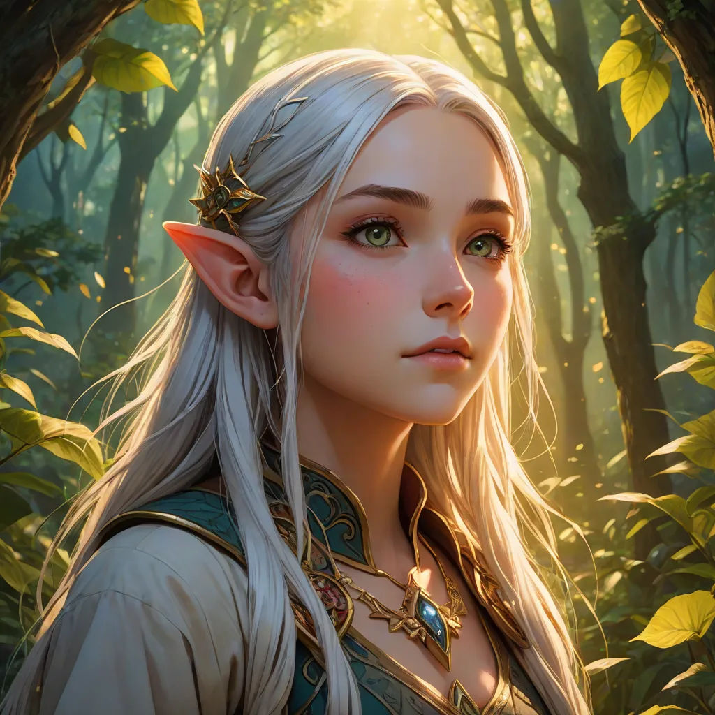 a woman with white hair and a green dress in a forest with trees and leaves, with a green eye, rossdraws global illumination, fantasy art, a detailed painting, Charlie Bowater