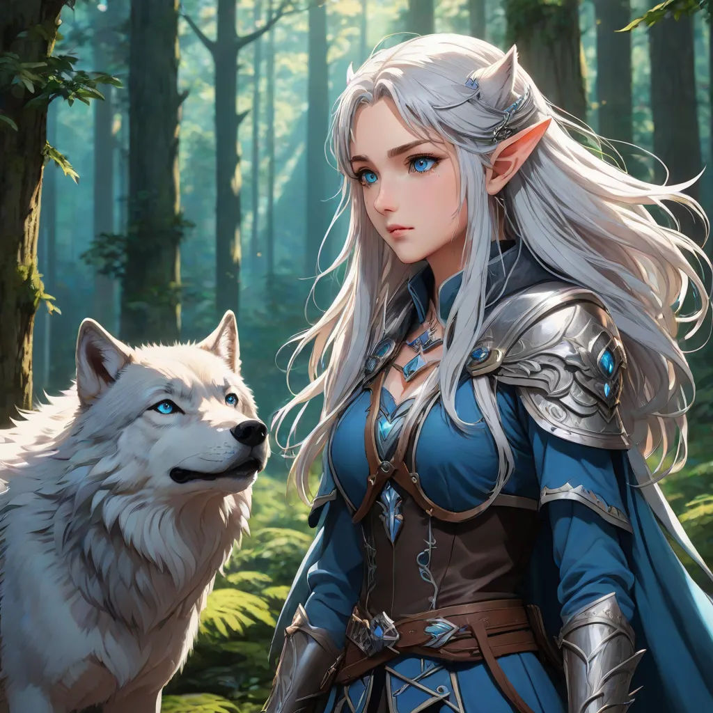 a woman in a blue dress standing next to a wolf in a forest with trees and grass behind her, fantasy artwork, fantasy art, a detailed painting, Anne Stokes
