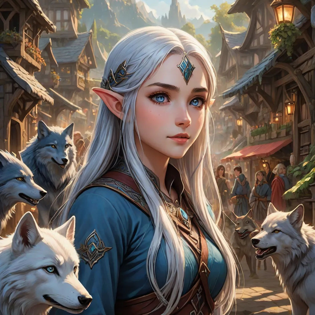 a woman with white hair and blue eyes standing in front of a group of wolfs in a village, fantasy artwork, fantasy art, a detailed painting, Artgerm