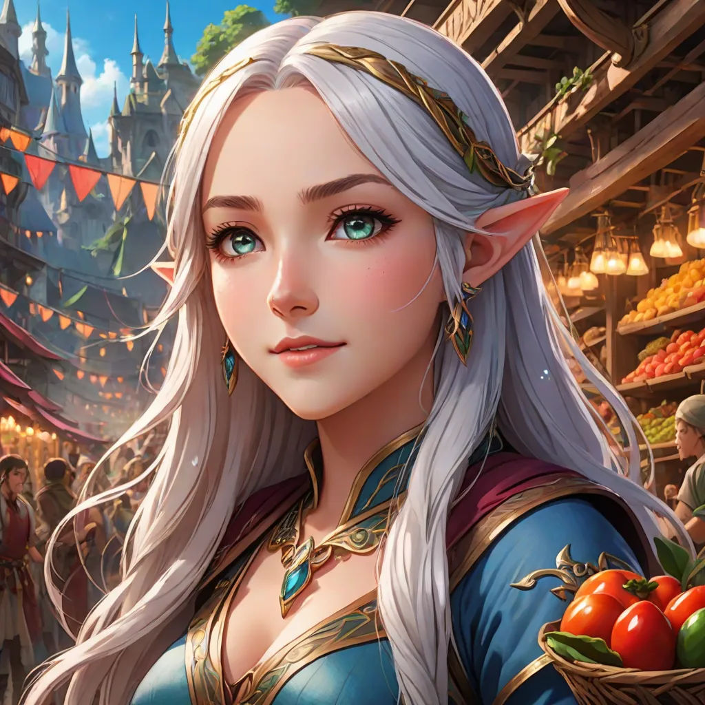 a woman with white hair and blue eyes holding a basket of fruit in front of a market with people, ultra detailed fantasy, fantasy art, a detailed painting, Artgerm