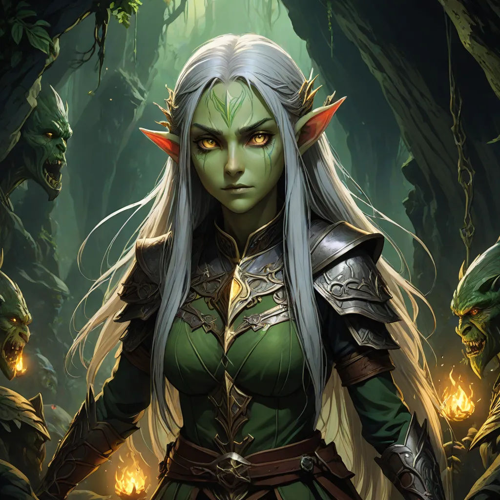 a woman with long hair and green eyes in a forest with lights on her face and a green outfit, magic the gathering artwork, fantasy art, a detailed painting, Art of Brom