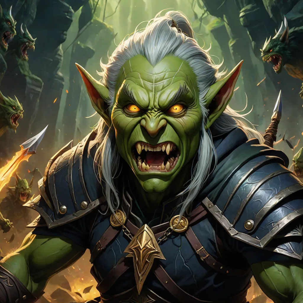 a green troll with a horned face and a sword in his hand, surrounded by other green monsters and trees, hearthstone, altermodern, concept art, Alex Horley