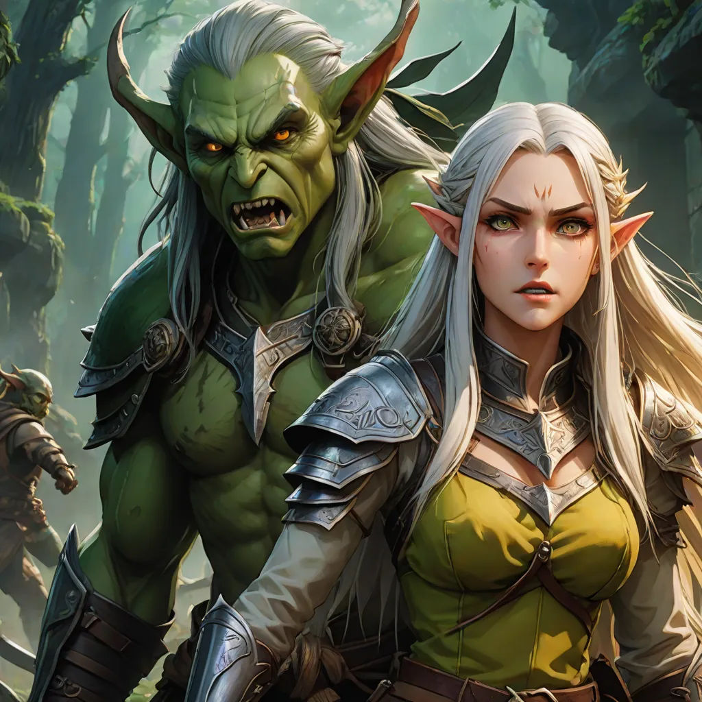 a couple of elves standing next to each other in a forest with trees and bushes behind them, one of them is holding a sword, epic fantasy character art, fantasy art, a detailed painting, Art of Brom