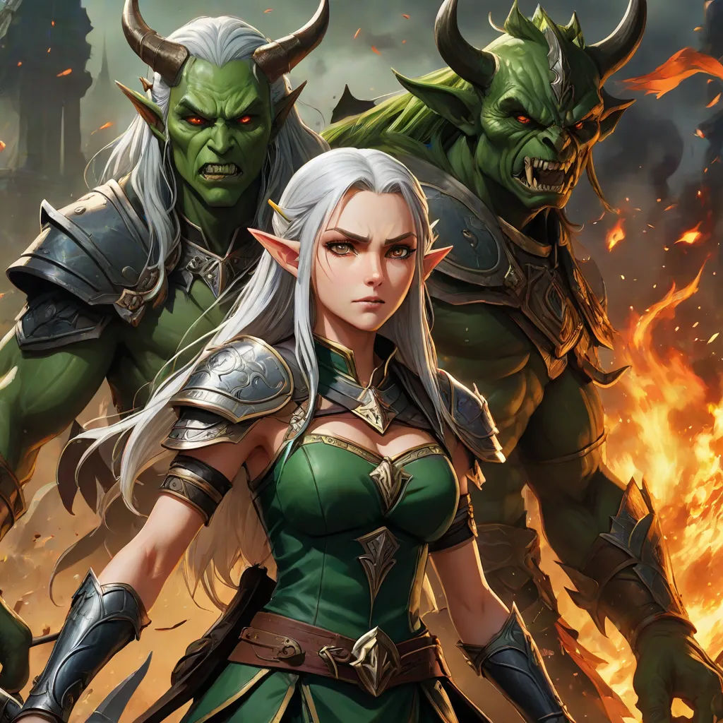 a couple of elves standing next to each other in front of a fire filled sky with two demon like creatures, epic fantasy character art, fantasy art, concept art, Art of Brom