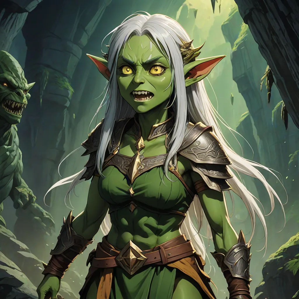 a woman with white hair and green skin wearing a green outfit and a horned head and a green face, magic the gathering artwork, altermodern, concept art, Alex Horley