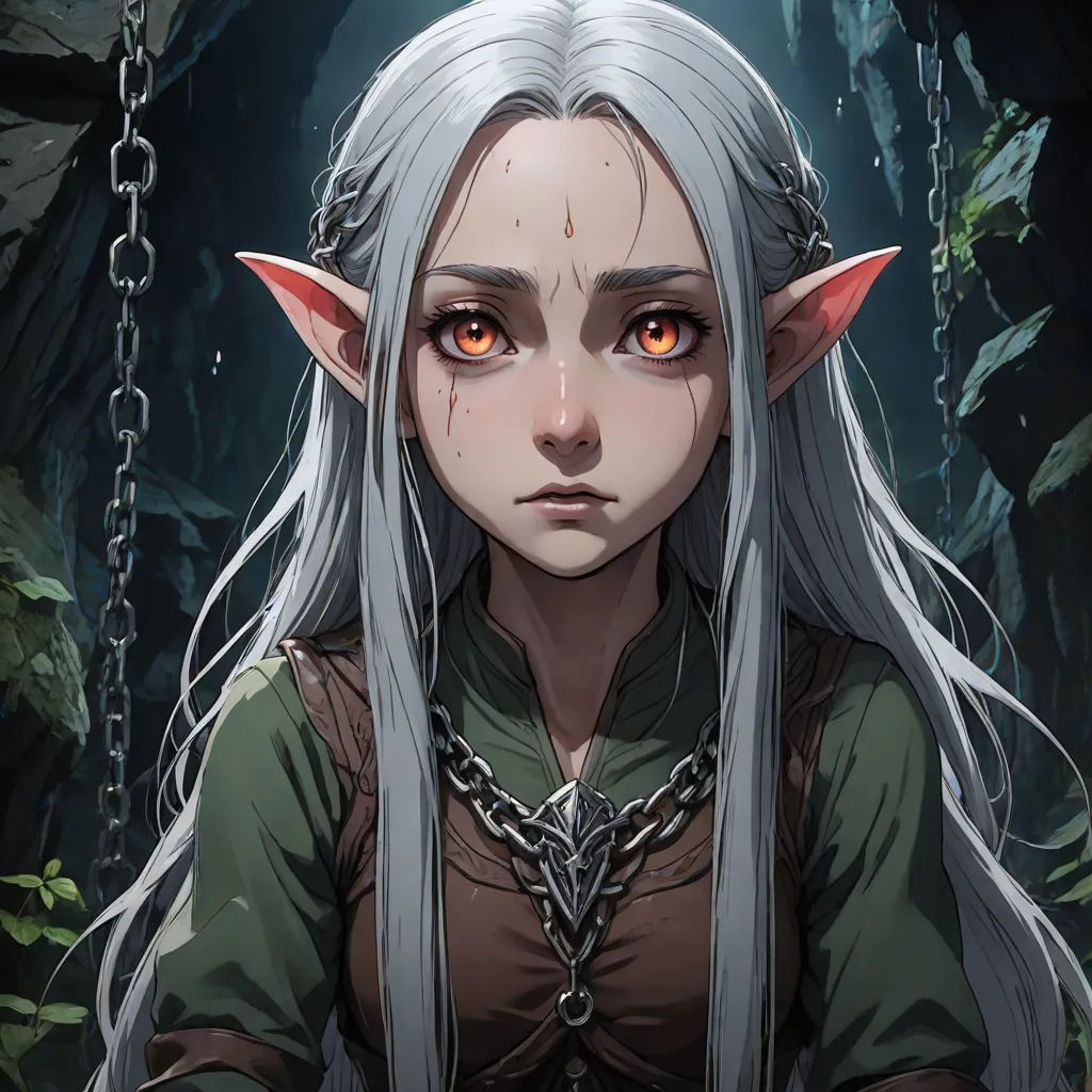 a woman with long white hair and orange eyes in a forest with chains around her neck and a chain around her neck, epic fantasy character art, fantasy art, a character portrait, Chen Lin
