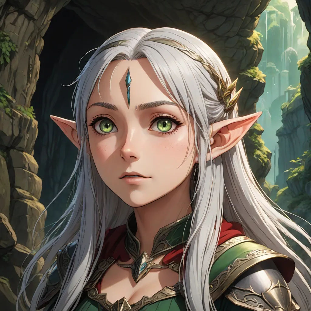 a woman with white hair and green eyes in a forest with a cave in the background and a tree in the foreground, fantasy character portrait, fantasy art, a detailed painting, Artgerm