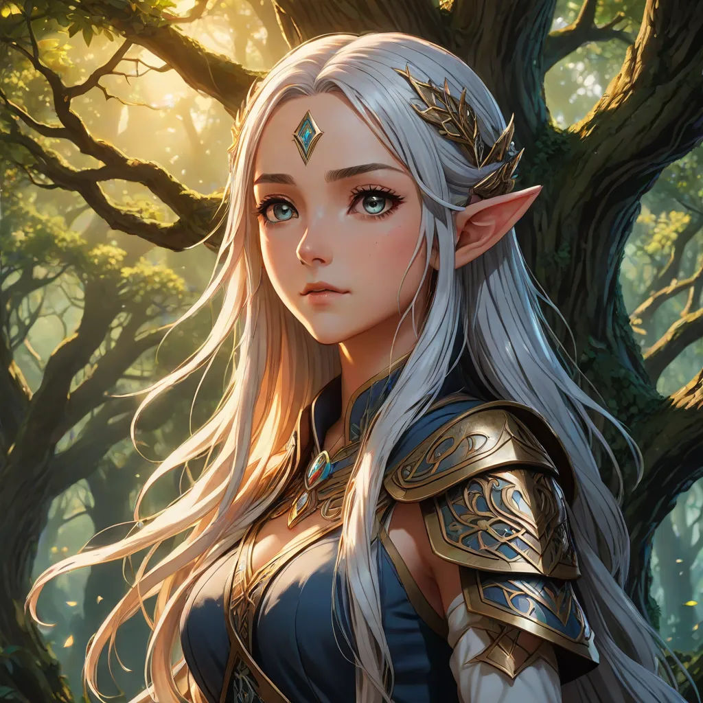 a woman with long white hair and a blue dress standing in front of a tree with a crown on her head, fantasy artwork, fantasy art, a detailed painting, Artgerm