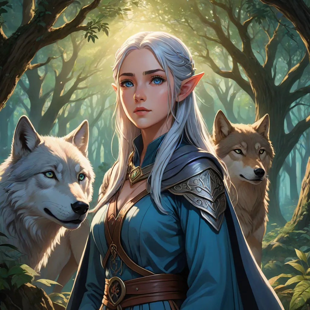 a woman with white hair and a blue dress standing in front of two wolfs in a forest with trees, magic the gathering artwork, fantasy art, a detailed painting, Artgerm