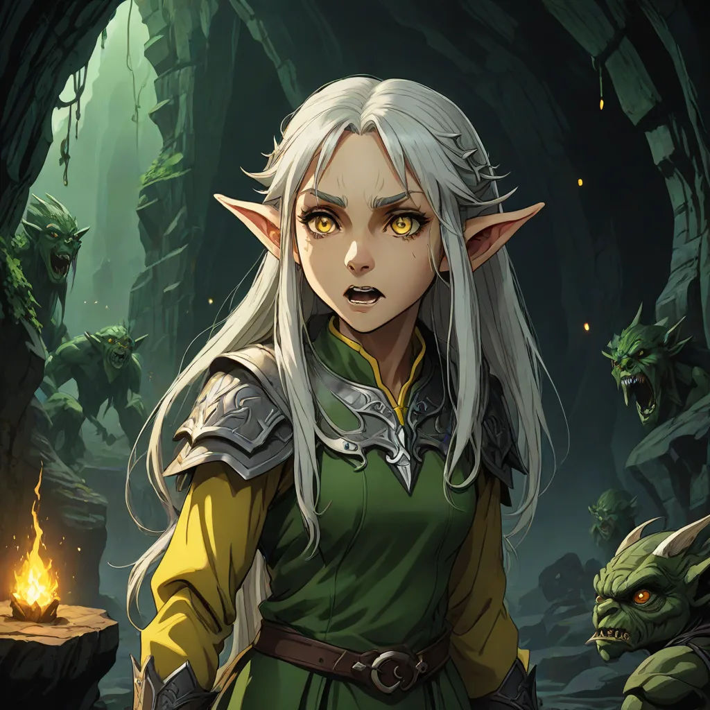 a woman with white hair and a green dress in a forest with a fire pit in the background and a green elf with yellow eyes, magic the gathering artwork, fantasy art, concept art, Clint Cearley