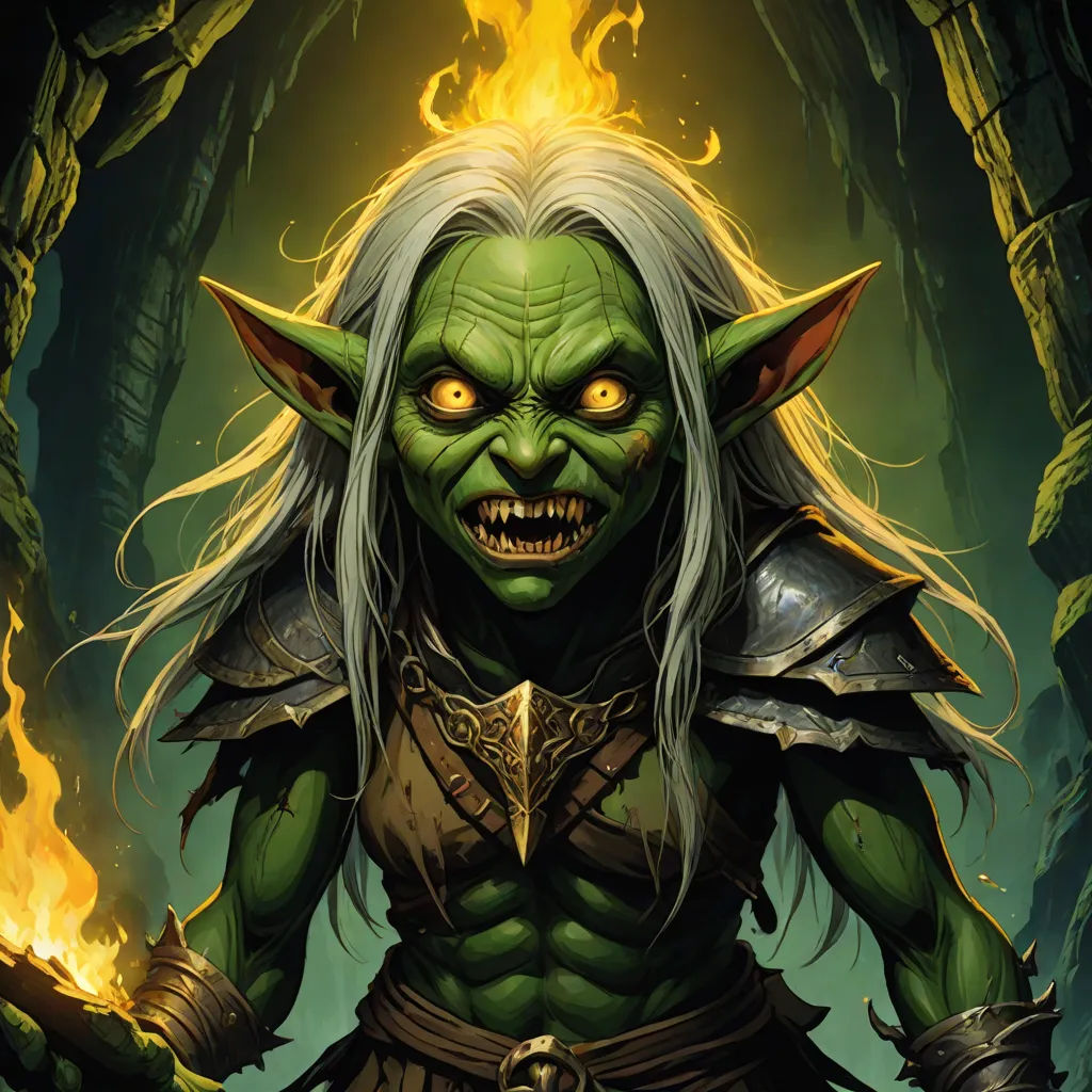 a green elf with a glowing yellow eye and a glowing green hair, standing in a forest with flames, hearthstone, fantasy art, a character portrait, Alex Horley