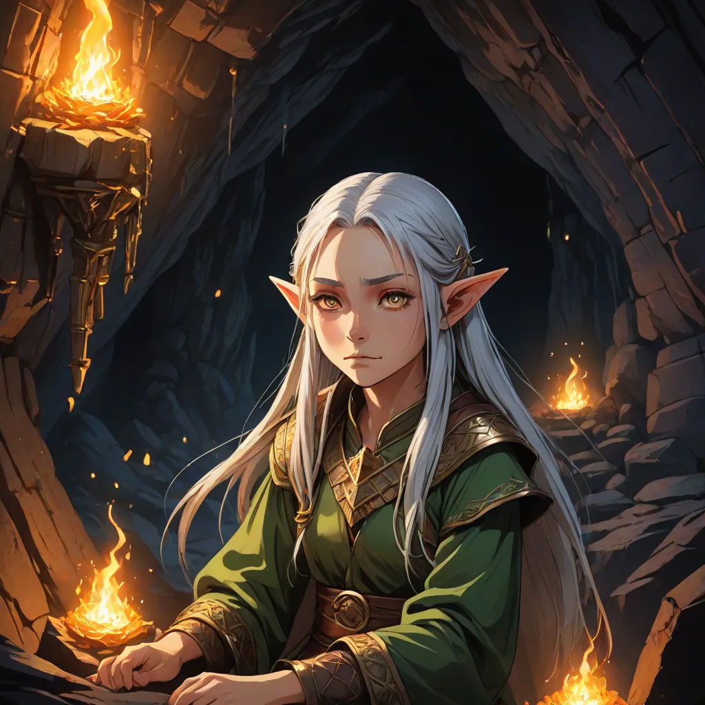a woman with white hair and a green outfit sitting in front of a fire pit with a glowing light, fantasy artwork, fantasy art, a character portrait, Brom