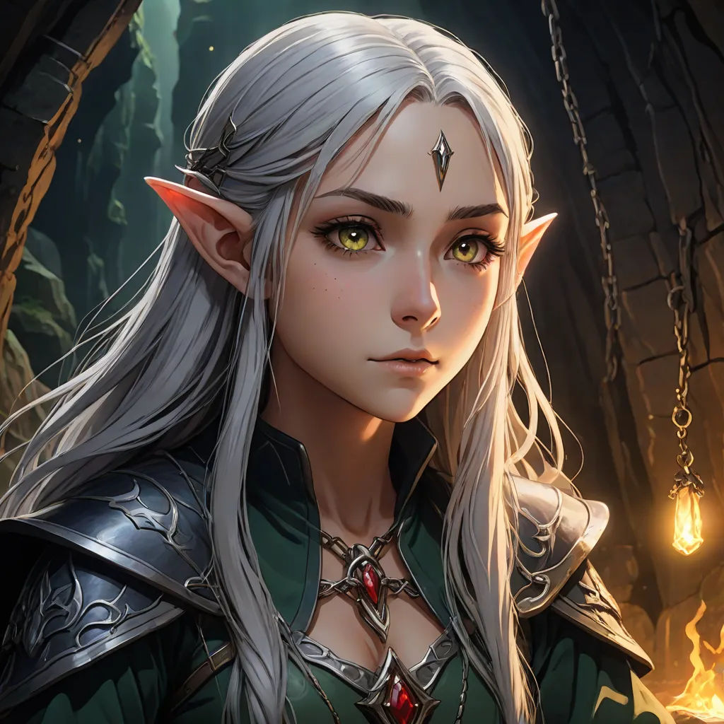 a woman with long white hair and green eyes wearing a green outfit and a chain around her neck and a glowing light in the background, epic fantasy character art, fantasy art, a detailed painting, Charlie Bowater