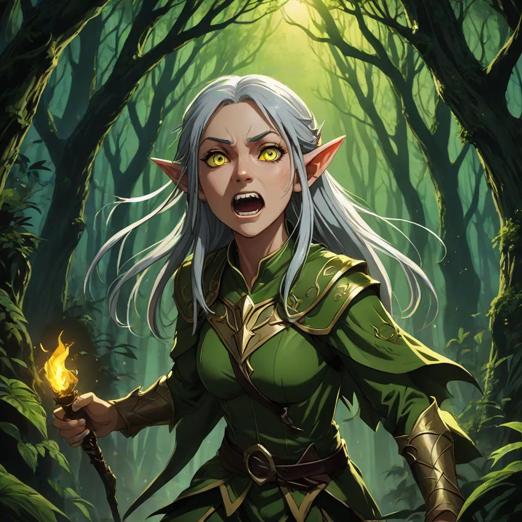 a woman with white hair and green eyes holding a torch in a forest with trees and leaves behind her, magic the gathering artwork, fantasy art, a character portrait, Donato Giancola