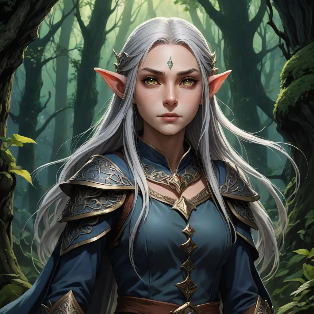 a woman in a forest with a green eyes and a gray hair and a blue dress with horns and ears, epic fantasy character art, fantasy art, a detailed painting, Art of Brom