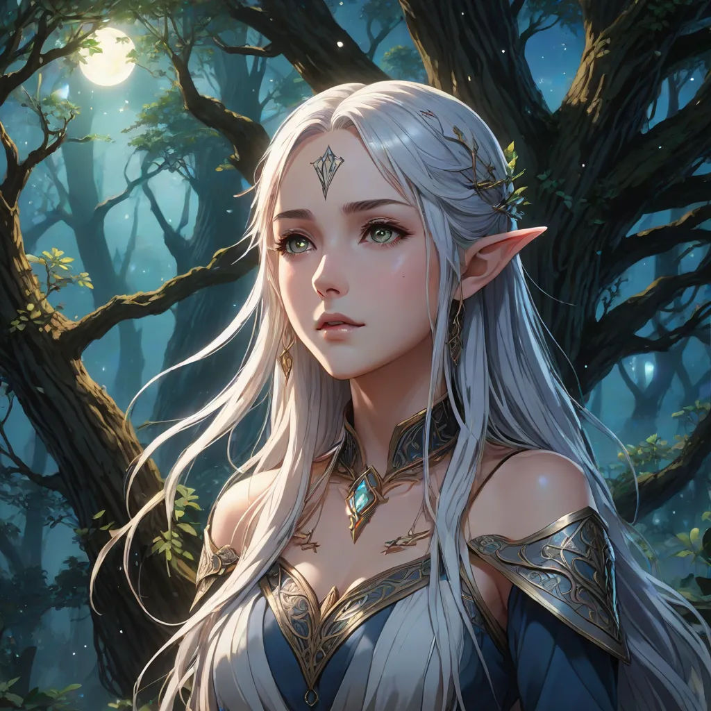 a woman with white hair and a blue dress in a forest with trees and a moon in the background, fantasy artwork, fantasy art, a detailed painting, Charlie Bowater