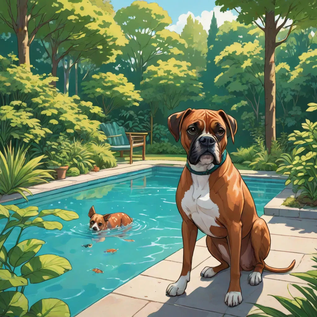 a dog sitting in front of a pool with a dog swimming in it and a dog in the water, storybook illustration, american scene painting, a storybook illustration, F Scott Hess