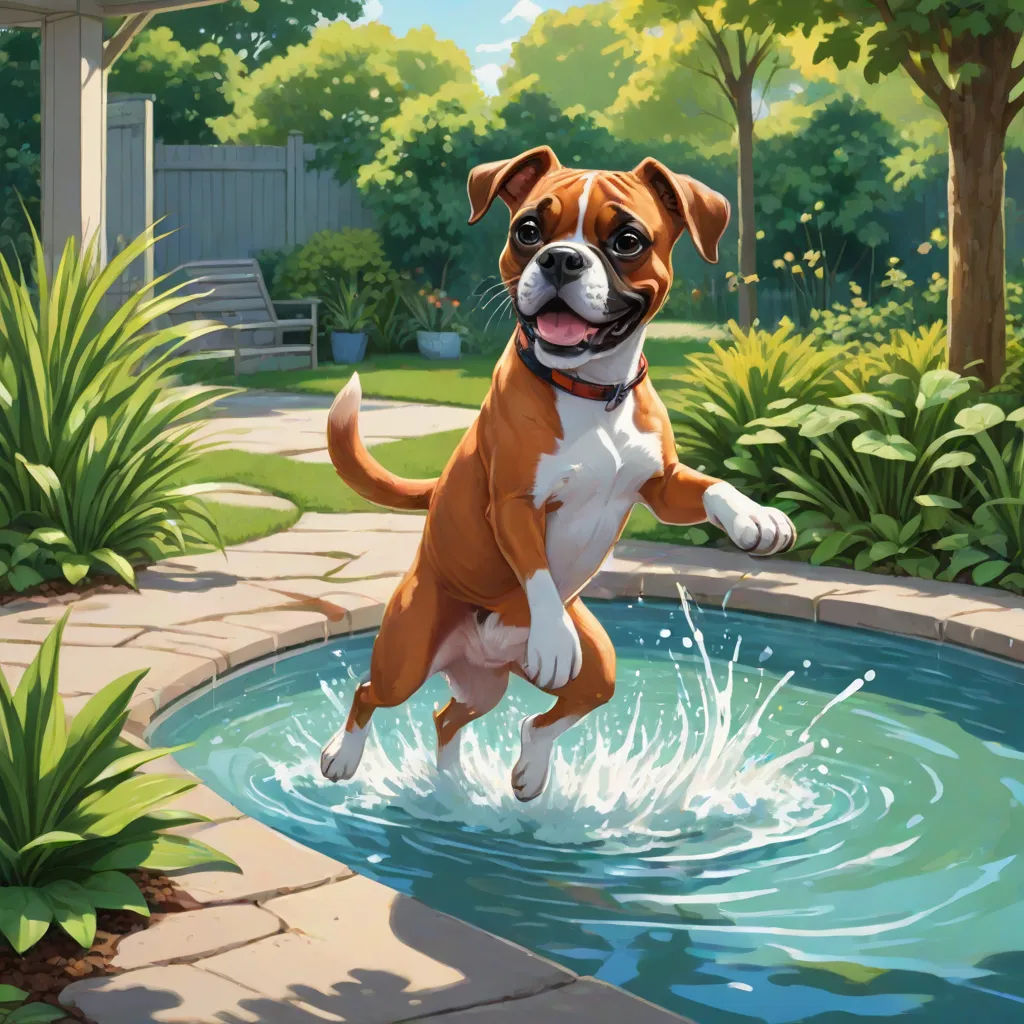 a dog jumping into a pool of water with its mouth open and tongue out, with a house in the background, official art, american scene painting, a digital rendering, Chris LaBrooy