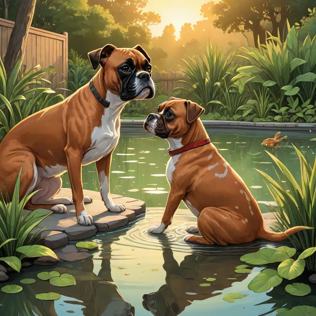 two dogs sitting on a rock in a pond of water with lily pads and a fence in the background, highly detailed digital painting, american scene painting, a storybook illustration, Brothers Hildebrandt