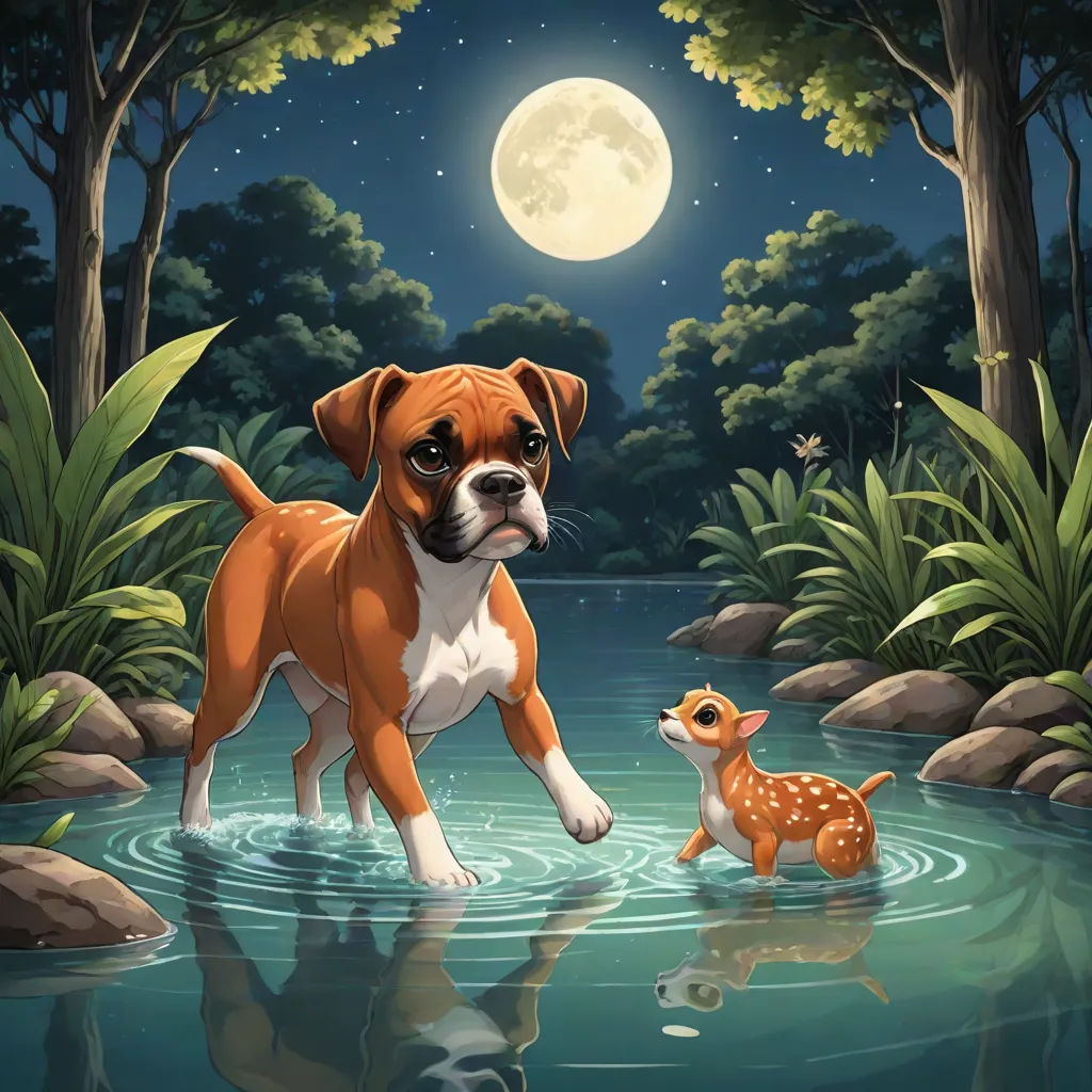 a dog and a deer are in the water at night time with a full moon in the background and a forest scene, game art, pop surrealism, a storybook illustration, Daphne McClure