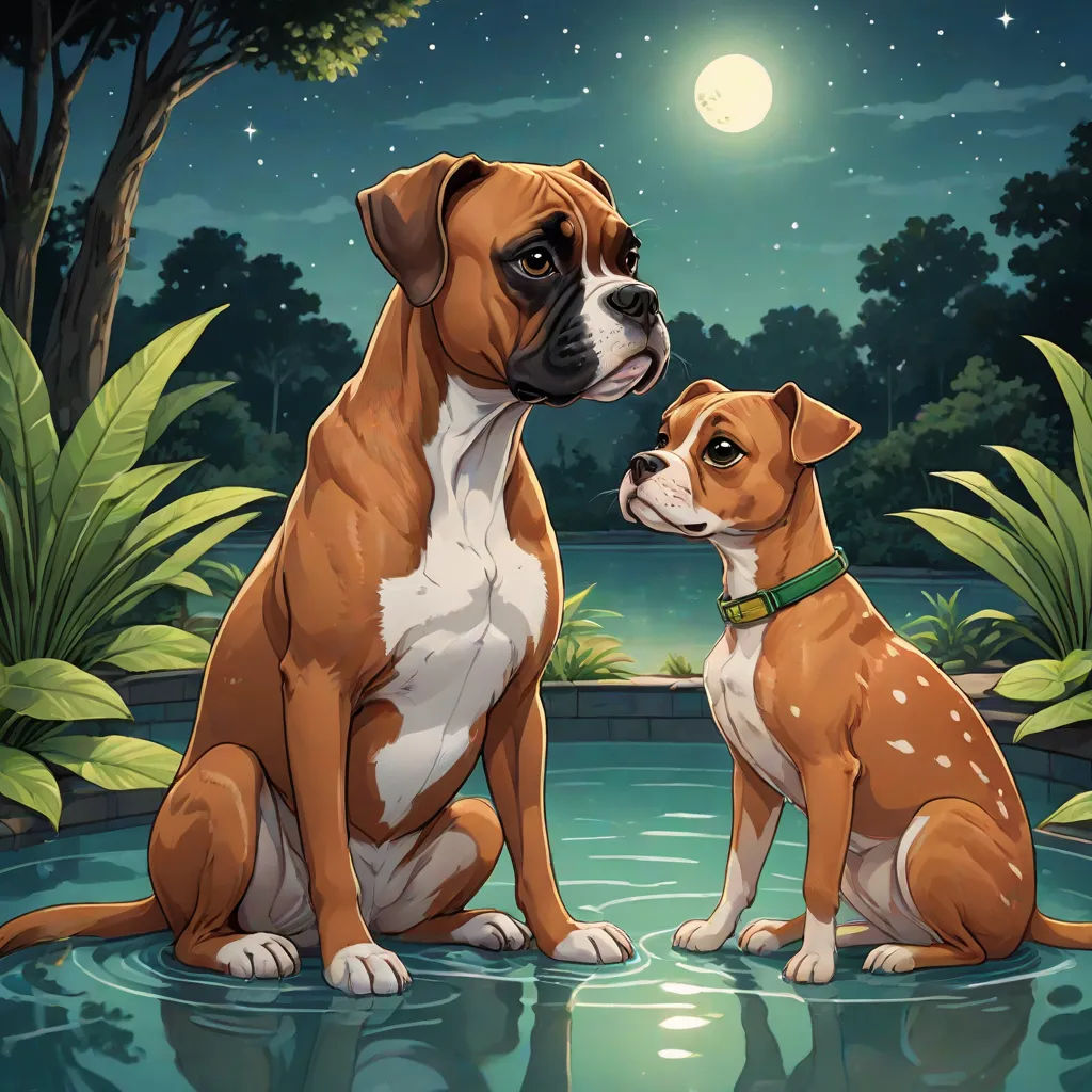 a dog and a dog sit in front of a pond at night with a full moon in the sky, official art, sots art, poster art, Allan Brooks