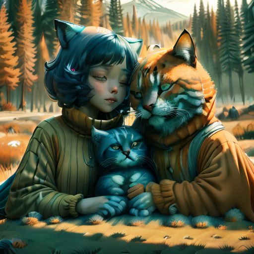 a painting of a girl and a cat in a forest with a mountain in the background and a forest scene