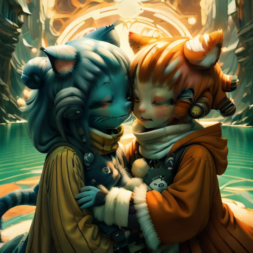 a couple of cats hugging each other in a painting style, with a background of a forest and a lake