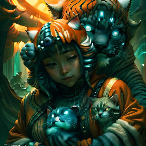 a woman holding a cat and a cat in her arms with glowing eyes and a tiger head on her head