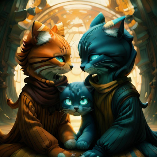 a couple of cats sitting next to each other on a floor with a clock in the background and a cat with blue eyes