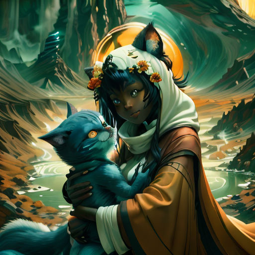 a woman holding a cat in her arms in a painting style with a mountain background and a river in the foreground