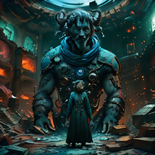 a man and a child standing in a room with a giant monster in the background and a giant robot in the foreground