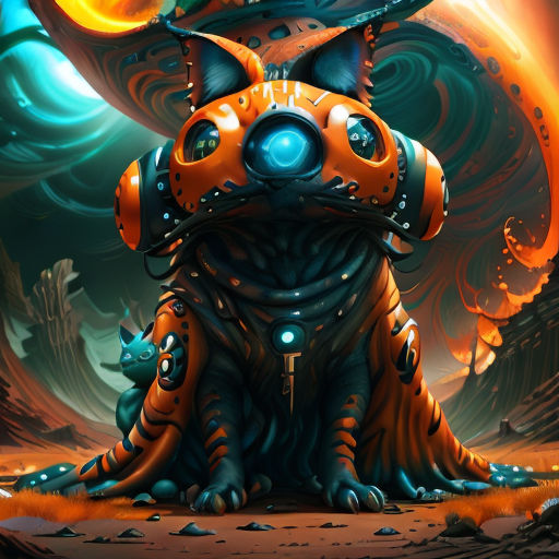 a strange looking dog with a strange looking face and eyes sitting in a field of grass and rocks with a moon in the background