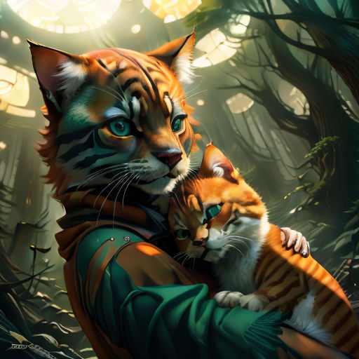 a cat is holding a kitten in a forest with trees and lights in the background, and a person is holding a cat