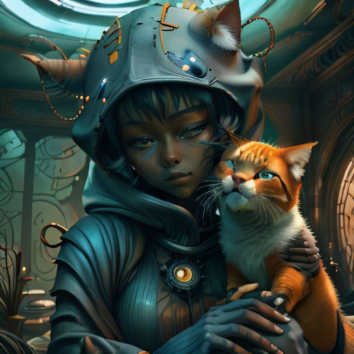 a woman in a helmet holding a cat in her arms and a clock in the background with a clock on the wall