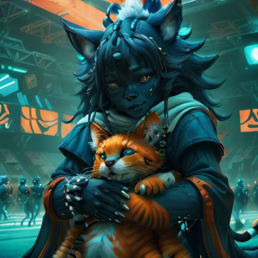 a woman holding a cat in a futuristic setting with other people in the background and a neon light in the background