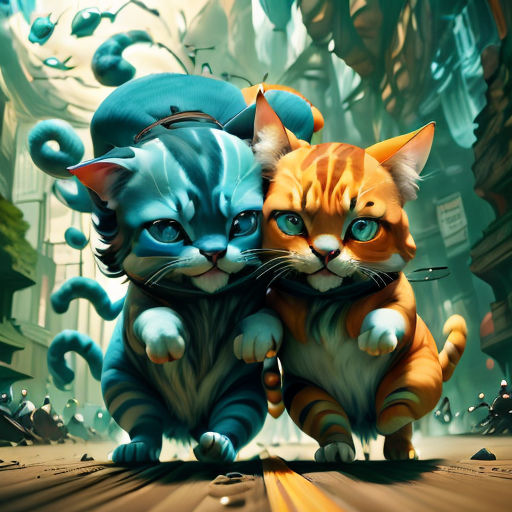 two cats are sitting next to each other on a street with a city in the background and a blue cat on the right