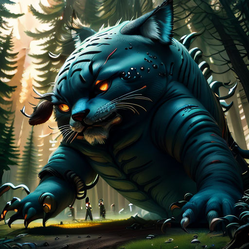 a blue tiger with glowing eyes in a forest with people in the background and trees in the foreground